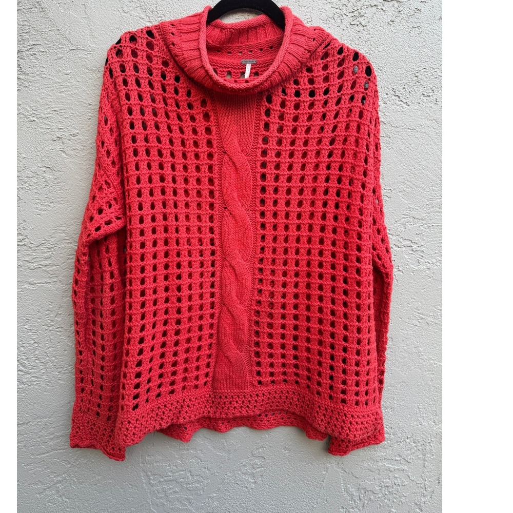 Free People Red Crochet Cable Knit Sweater Boho Oversized Roll Neck - Picture 2 of 8